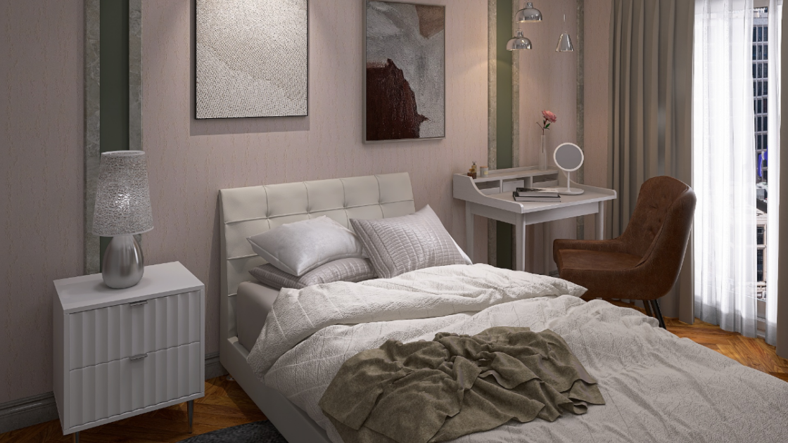 白のレザーベッドが主役♡ラグジュアリーさが魅力の8畳寝室コーデ