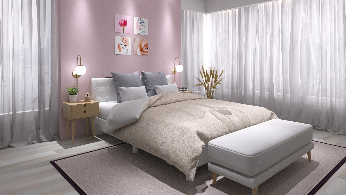 ピンククロス&アートがほんのり彩る♡ラグジュアリーな寝室